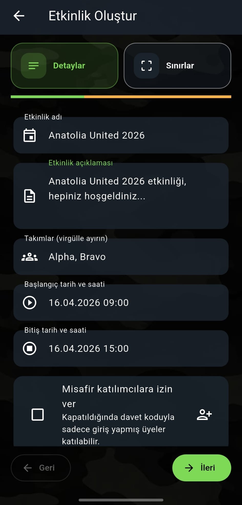 Etkinlik detayları ekranı