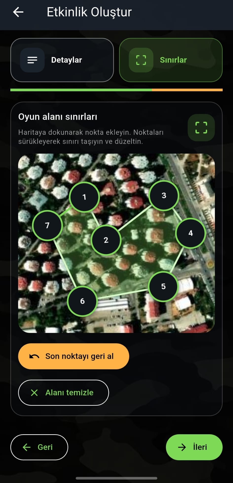 Alan sınırları ekranı